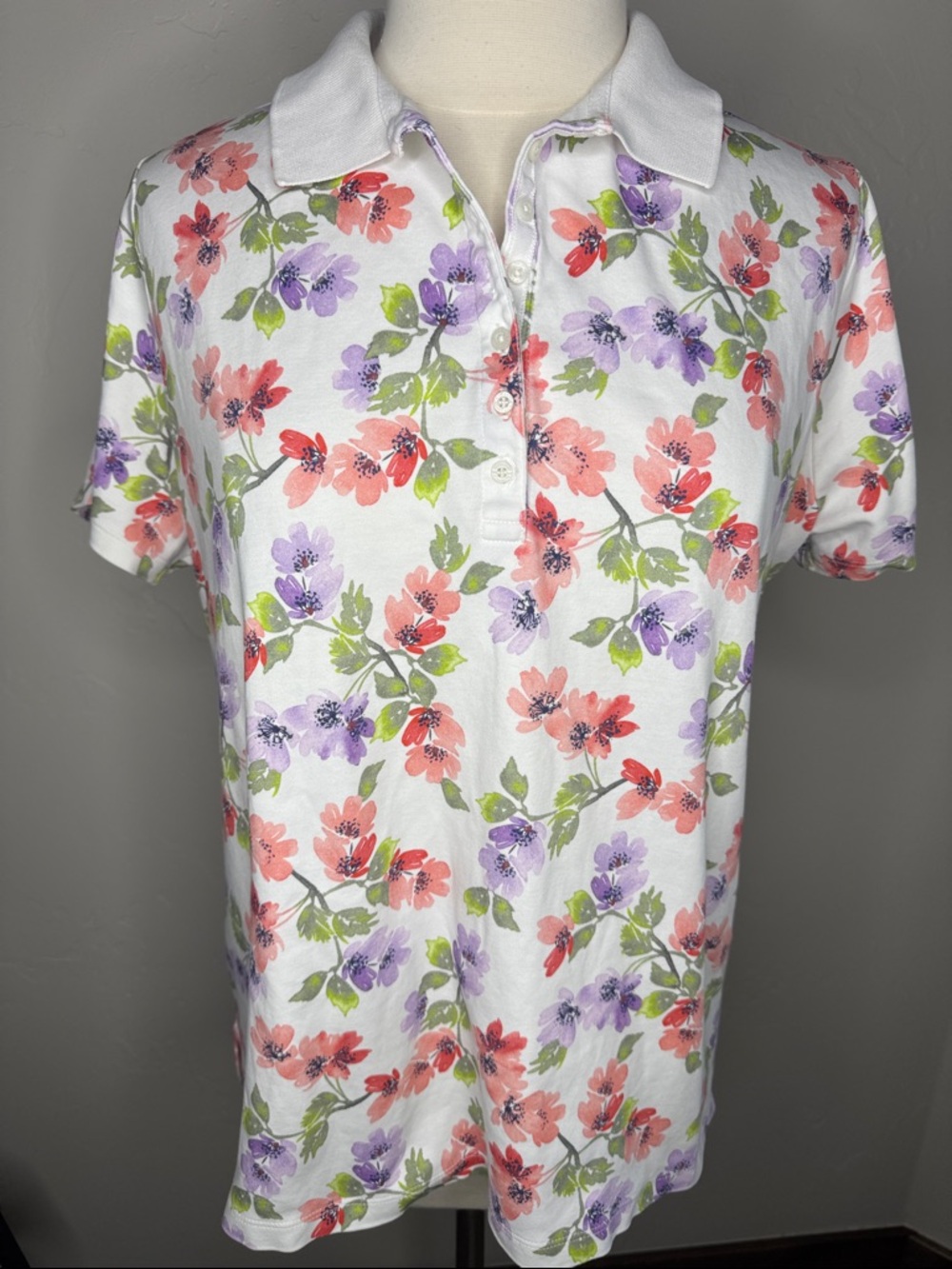 Lands' End White Polo with Coral & Lavender Floral Print